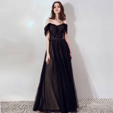 Chic Beautiful Black Evening Dresses 2019 A Line Princess Off The Shoulder Short Sleeve Spotted Tulle Beading Sash Formal Dresses Ruffle Backless Floor Length Long