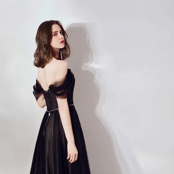 Chic / Beautiful Black Evening Dresses  2019 A-Line / Princess Off-The-Shoulder Short Sleeve Spotted Tulle Beading Sash Formal Dresses Ruffle Backless Floor-Length / Long