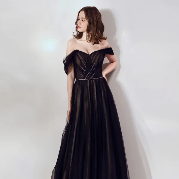 Chic / Beautiful Black Evening Dresses  2019 A-Line / Princess Off-The-Shoulder Short Sleeve Spotted Tulle Beading Sash Formal Dresses Ruffle Backless Floor-Length / Long