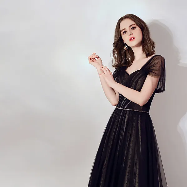 Chic / Beautiful Black Evening Dresses  2019 A-Line / Princess Off-The-Shoulder Short Sleeve Spotted Tulle Beading Sash Formal Dresses Ruffle Backless Floor-Length / Long