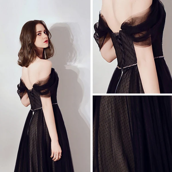 Chic / Beautiful Black Evening Dresses  2019 A-Line / Princess Off-The-Shoulder Short Sleeve Spotted Tulle Beading Sash Formal Dresses Ruffle Backless Floor-Length / Long