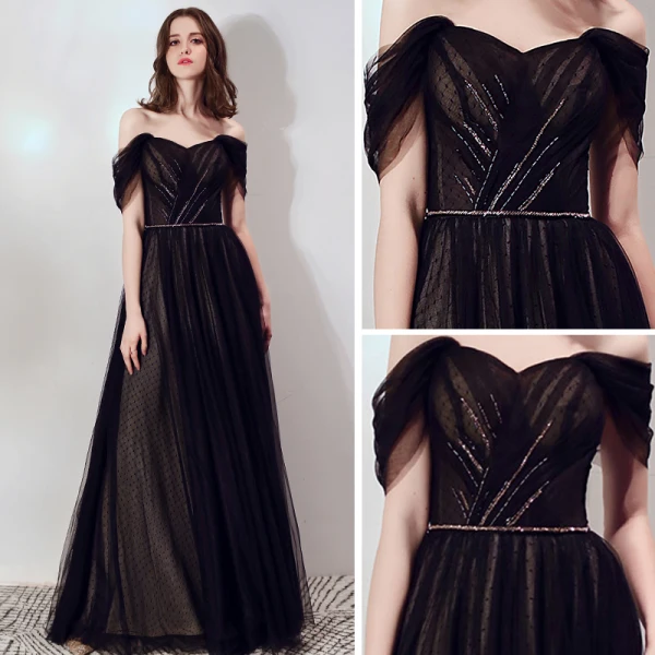 Chic / Beautiful Black Evening Dresses  2019 A-Line / Princess Off-The-Shoulder Short Sleeve Spotted Tulle Beading Sash Formal Dresses Ruffle Backless Floor-Length / Long