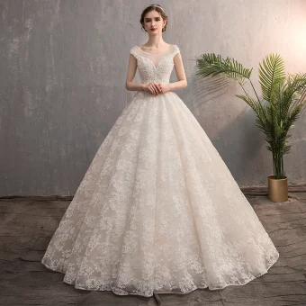 Best Champagne Wedding Dresses 2019 A Line Princess See Through V Neck Cap Sleeves Backless Appliques Lace Beading Court Train Ruffle