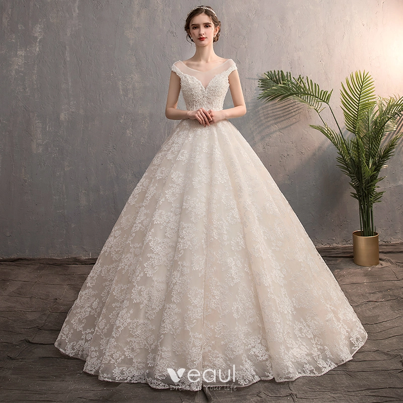 See Through Cap Sleeve Lace V-Neck Ruffles Wedding Dress