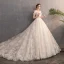 Best Champagne Wedding Dresses 2019 A-Line / Princess See-through V-Neck Cap Sleeves Backless Appliques Lace Beading Court Train Ruffle