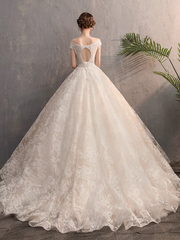 Best Champagne Wedding Dresses 2019 A-Line / Princess See-through V-Neck Cap Sleeves Backless Appliques Lace Beading Court Train Ruffle