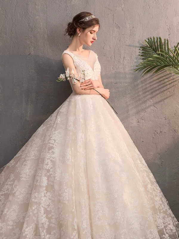 Best Champagne Wedding Dresses 2019 A-Line / Princess See-through V-Neck Cap Sleeves Backless Appliques Lace Beading Court Train Ruffle