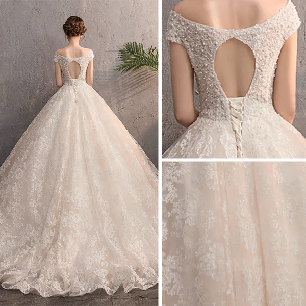 Best Champagne Wedding Dresses 2019 A-Line / Princess See-through V-Neck Cap Sleeves Backless Appliques Lace Beading Court Train Ruffle