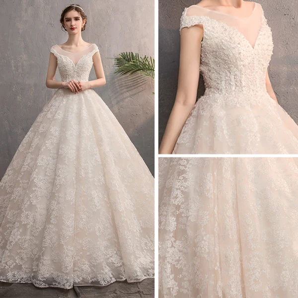 Best Champagne Wedding Dresses 2019 A-Line / Princess See-through V-Neck Cap Sleeves Backless Appliques Lace Beading Court Train Ruffle