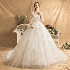 Chic Beautiful Ivory Wedding Dresses 2019 A Line Princess Square Neckline 1 2 Sleeves Backless Beading Glitter Sequins Chapel Train Ruffle