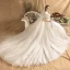 Schöne Ivory / Creme Brautkleider / Hochzeitskleider 2019 A Linie Eckiger Ausschnitt 1/2 Ärmel Rückenfreies Perlenstickerei Glanz Pailletten Kapelle-Schleppe Rüschen