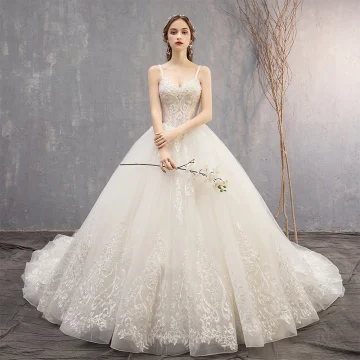 Best Ivory Wedding Dresses 2019 Ball Gown Spaghetti Straps Sleeveless Backless Appliques Lace Beading Chapel Train Ruffle