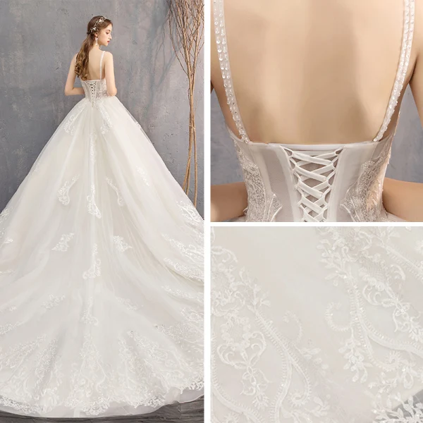 Best Ivory Wedding Dresses 2019 Ball Gown Spaghetti Straps Sleeveless Backless Appliques Lace Beading Chapel Train Ruffle