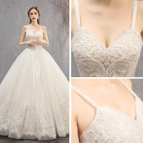 Best Ivory Wedding Dresses 2019 Ball Gown Spaghetti Straps Sleeveless Backless Appliques Lace Beading Chapel Train Ruffle