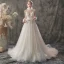Elegant Champagne Outdoor / Garden Wedding Dresses 2019 A-Line / Princess See-through Deep V-Neck 3/4 Sleeve Appliques Flower Beading Glitter Tulle Court Train Ruffle