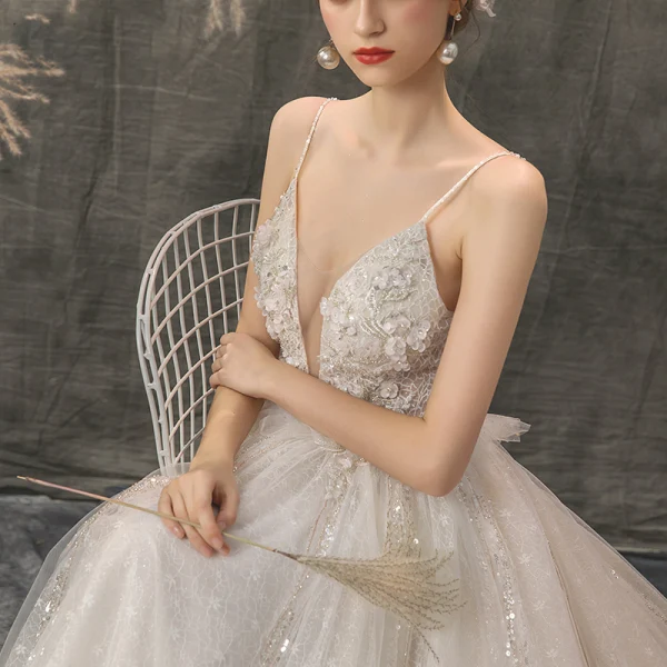 Elegant Champagne Outdoor / Garden Wedding Dresses 2019 A-Line / Princess See-through Deep V-Neck 3/4 Sleeve Appliques Flower Beading Glitter Tulle Court Train Ruffle