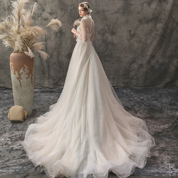 Elegant Champagne Outdoor / Garden Wedding Dresses 2019 A-Line / Princess See-through Deep V-Neck 3/4 Sleeve Appliques Flower Beading Glitter Tulle Court Train Ruffle