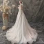 Elegant Champagne Outdoor / Garden Wedding Dresses 2019 A-Line / Princess See-through Deep V-Neck 3/4 Sleeve Appliques Flower Beading Glitter Tulle Court Train Ruffle