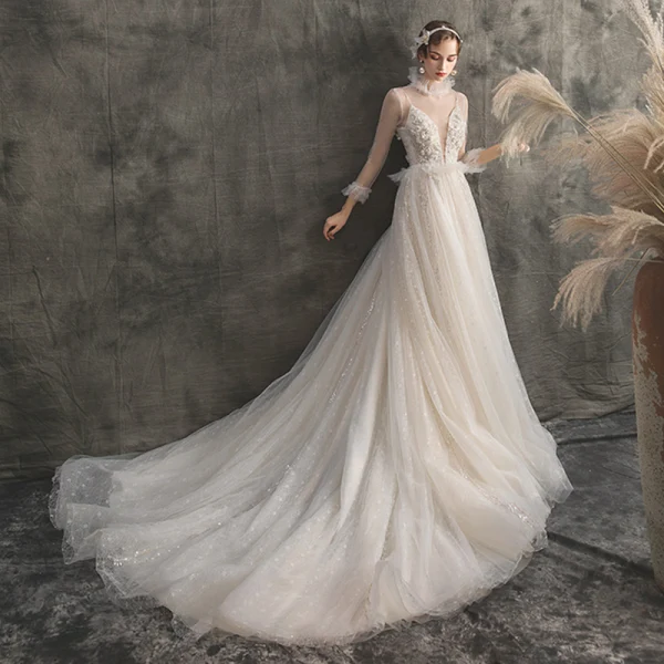 Elegant Champagne Outdoor / Garden Wedding Dresses 2019 A-Line / Princess See-through Deep V-Neck 3/4 Sleeve Appliques Flower Beading Glitter Tulle Court Train Ruffle