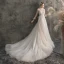 Elegant Champagne Outdoor / Garden Wedding Dresses 2019 A-Line / Princess See-through Deep V-Neck 3/4 Sleeve Appliques Flower Beading Glitter Tulle Court Train Ruffle