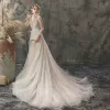 Elegant Champagne Outdoor / Garden Wedding Dresses 2019 A-Line / Princess See-through Deep V-Neck 3/4 Sleeve Appliques Flower Beading Glitter Tulle Court Train Ruffle