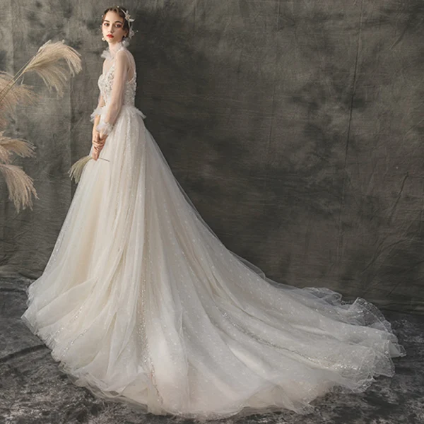 Elegant Champagne Outdoor / Garden Wedding Dresses 2019 A-Line / Princess See-through Deep V-Neck 3/4 Sleeve Appliques Flower Beading Glitter Tulle Court Train Ruffle