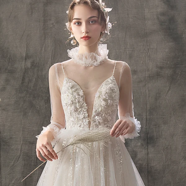 Elegant Champagne Outdoor / Garden Wedding Dresses 2019 A-Line / Princess See-through Deep V-Neck 3/4 Sleeve Appliques Flower Beading Glitter Tulle Court Train Ruffle
