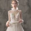 Elegant Champagne Outdoor / Garden Wedding Dresses 2019 A-Line / Princess See-through Deep V-Neck 3/4 Sleeve Appliques Flower Beading Glitter Tulle Court Train Ruffle