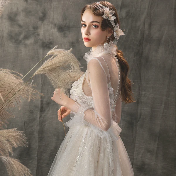 Elegant Champagne Outdoor / Garden Wedding Dresses 2019 A-Line / Princess See-through Deep V-Neck 3/4 Sleeve Appliques Flower Beading Glitter Tulle Court Train Ruffle