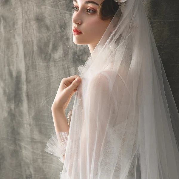 Elegant Champagne Outdoor / Garden Wedding Dresses 2019 A-Line / Princess See-through Deep V-Neck 3/4 Sleeve Appliques Flower Beading Glitter Tulle Court Train Ruffle