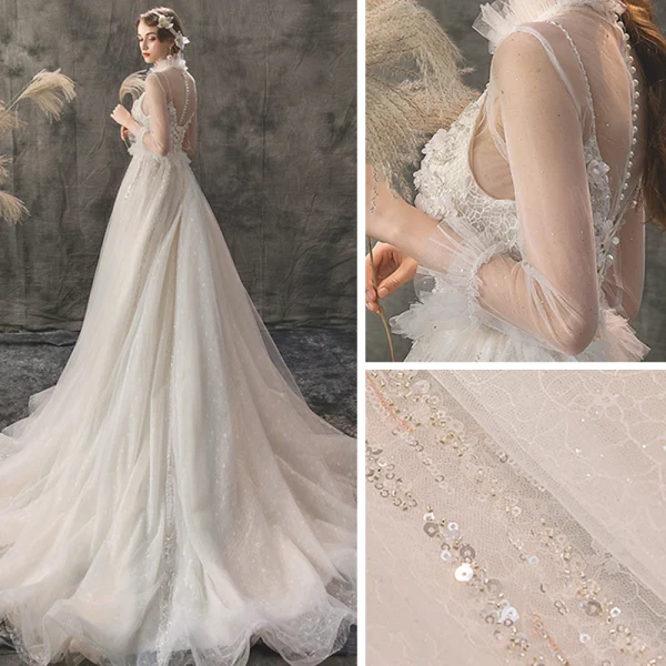 Elegant Champagne Outdoor / Garden Wedding Dresses 2019 A-Line / Princess See-through Deep V-Neck 3/4 Sleeve Appliques Flower Beading Glitter Tulle Court Train Ruffle