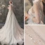 Elegant Champagne Outdoor / Garden Wedding Dresses 2019 A-Line / Princess See-through Deep V-Neck 3/4 Sleeve Appliques Flower Beading Glitter Tulle Court Train Ruffle