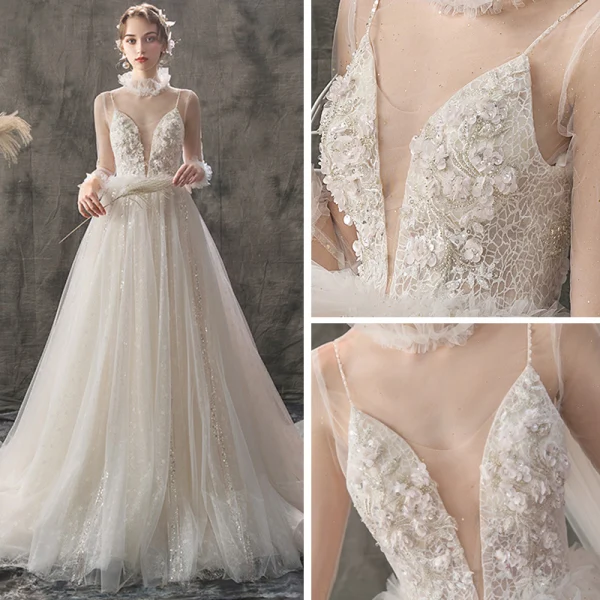 Elegant Champagne Outdoor / Garden Wedding Dresses 2019 A-Line / Princess See-through Deep V-Neck 3/4 Sleeve Appliques Flower Beading Glitter Tulle Court Train Ruffle