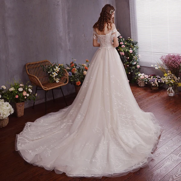 Schöne Ivory / Creme Durchsichtige Brautkleider / Hochzeitskleider 2019 A Linie Rundhalsausschnitt Kurze Ärmel Rückenfreies Applikationen Spitze Hof-Schleppe Rüschen