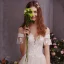 Schöne Ivory / Creme Durchsichtige Brautkleider / Hochzeitskleider 2019 A Linie Rundhalsausschnitt Kurze Ärmel Rückenfreies Applikationen Spitze Hof-Schleppe Rüschen