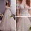 Schöne Ivory / Creme Durchsichtige Brautkleider / Hochzeitskleider 2019 A Linie Rundhalsausschnitt Kurze Ärmel Rückenfreies Applikationen Spitze Hof-Schleppe Rüschen