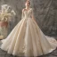 Chic / Beautiful Champagne Wedding Dresses 2019 A-Line / Princess V-Neck Short Sleeve Backless Beading Tassel Appliques Lace Cathedral Train Ruffle