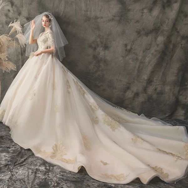 Chic / Beautiful Champagne Wedding Dresses 2019 A-Line / Princess V-Neck Short Sleeve Backless Beading Tassel Appliques Lace Cathedral Train Ruffle