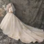Chic / Beautiful Champagne Wedding Dresses 2019 A-Line / Princess V-Neck Short Sleeve Backless Beading Tassel Appliques Lace Cathedral Train Ruffle