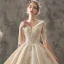 Chic / Beautiful Champagne Wedding Dresses 2019 A-Line / Princess V-Neck Short Sleeve Backless Beading Tassel Appliques Lace Cathedral Train Ruffle