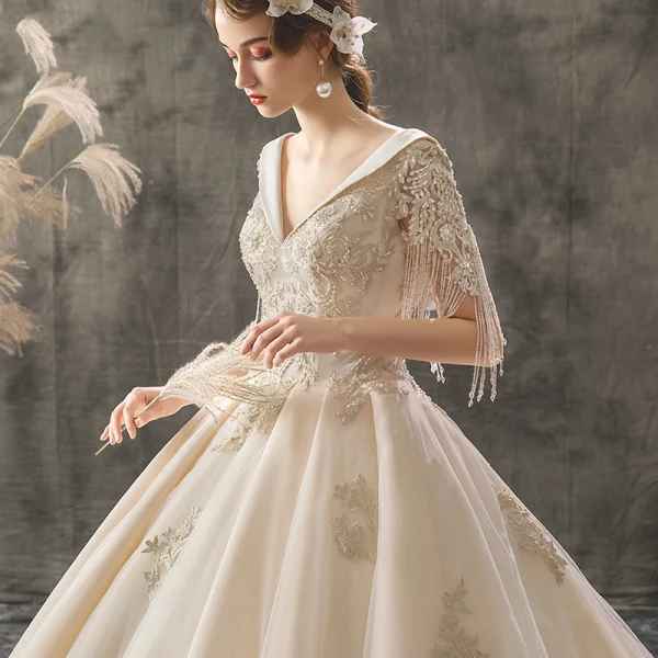 Chic / Beautiful Champagne Wedding Dresses 2019 A-Line / Princess V-Neck Short Sleeve Backless Beading Tassel Appliques Lace Cathedral Train Ruffle
