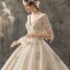 Chic / Beautiful Champagne Wedding Dresses 2019 A-Line / Princess V-Neck Short Sleeve Backless Beading Tassel Appliques Lace Cathedral Train Ruffle