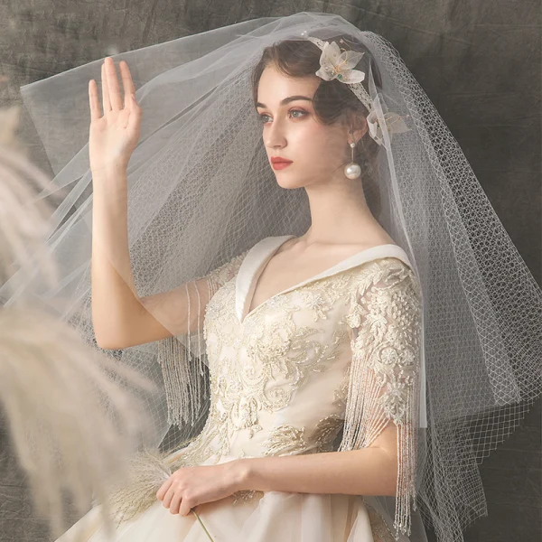 Chic / Beautiful Champagne Wedding Dresses 2019 A-Line / Princess V-Neck Short Sleeve Backless Beading Tassel Appliques Lace Cathedral Train Ruffle