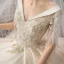 Chic / Beautiful Champagne Wedding Dresses 2019 A-Line / Princess V-Neck Short Sleeve Backless Beading Tassel Appliques Lace Cathedral Train Ruffle