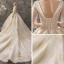 Chic / Beautiful Champagne Wedding Dresses 2019 A-Line / Princess V-Neck Short Sleeve Backless Beading Tassel Appliques Lace Cathedral Train Ruffle