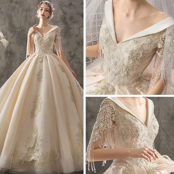 Chic / Beautiful Champagne Wedding Dresses 2019 A-Line / Princess V-Neck Short Sleeve Backless Beading Tassel Appliques Lace Cathedral Train Ruffle