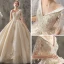 Chic / Beautiful Champagne Wedding Dresses 2019 A-Line / Princess V-Neck Short Sleeve Backless Beading Tassel Appliques Lace Cathedral Train Ruffle