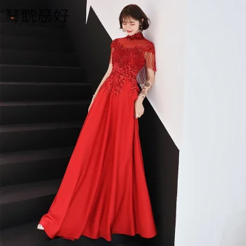 Chinese Style Red See Through Evening Dresses 2019 A Line Princess High Neck Cap Sleeves Appliques Lace Beading Tassel Floor Length Long Ruffle Backless Formal Dresses