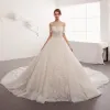 Classy Ivory Wedding Dresses 2019 A-Line / Princess Off-The-Shoulder Short Sleeve Backless Sequins Appliques Lace Glitter Tulle Cathedral Train Ruffle