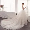 Classy Ivory Wedding Dresses 2019 A-Line / Princess Off-The-Shoulder Short Sleeve Backless Sequins Appliques Lace Glitter Tulle Cathedral Train Ruffle